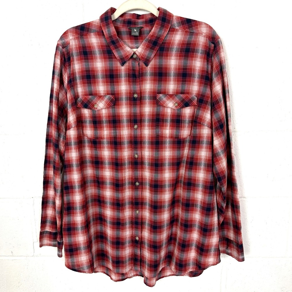 Eddie Bauer Button Up Top Red Plaid Lightweight Stretch Western Country Barn 2XL
